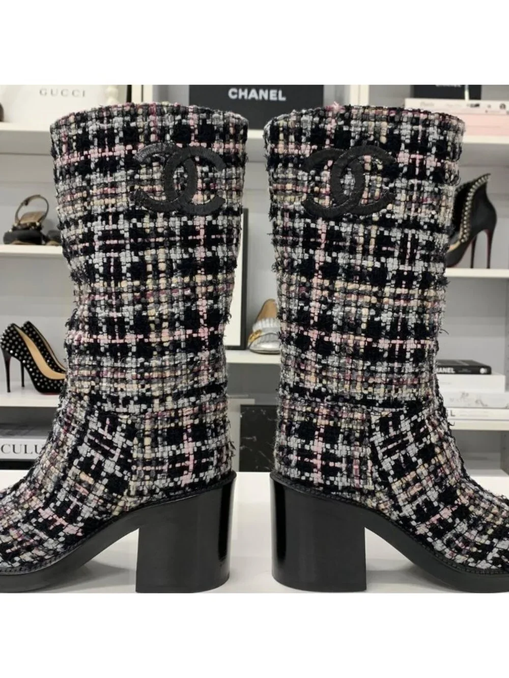 Chanel CC Logo Tweed Long Boots Black Multicolor